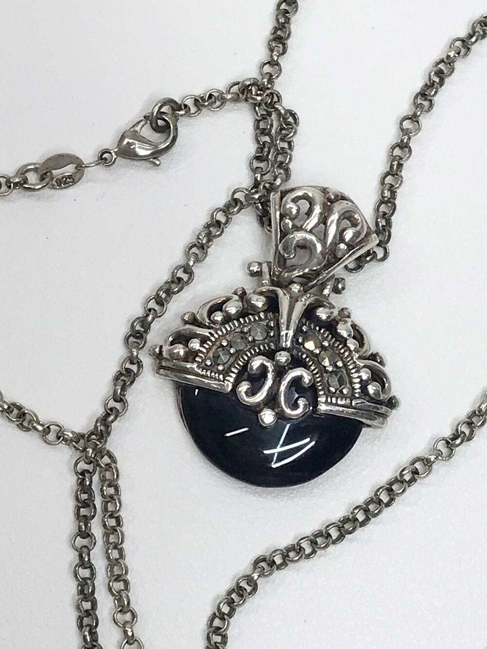 Estate Art Nouveau Style Black Onyx Marcasite Sterling Silver Pendant 26in Chain
